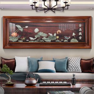 Chinese-Style Wooden Carved Jade Landscape Wall Art